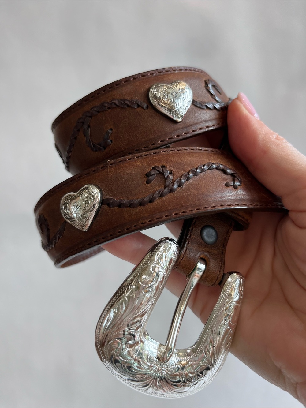 Tony Lama Brown Leather Silver Hearts Western Belt